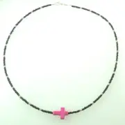 Cross Necklace Black & Shocking Pink Seed Beads & Howlite Cross Handcrafted