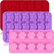 3 Pack Silicone Ice Molds Trays with Puppy Dog Paw and Bone Shape, FineGood Reusable Bakeware Maker for Baking Chocolate Candy, Oven Microwave Freezer Dishwasher Safe - Pink, Red, Purple