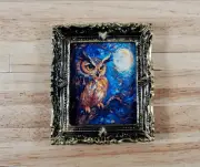 Miniature Great Horned Owl Framed Print 1:12 Scale Dollhouse Decor Bird Moon