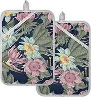 Pot Holders Sets Heat Resistant Blue Peach Vintage Flower Potholders for Kitchens with Pocket Hot Pot Holders Oven Mitts 2 Pack