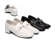 EVERAU® Women Leather Gold Buckle Low Block Heel Loafers Mia - Beige / AU Ladies 10 / AU Men 8 / EU 41