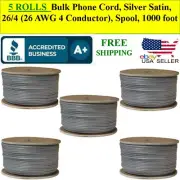 5 ROLLS Telephone Cable Bulk Phone Cord, Silver Satin, 26/4 Conductor), Spool