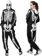 [PARTTELY] Adult Onesie Skeleton Costume Women Front and Back Bone Print Halloween Skeleton Jumpsuit Men with Zipper Hooded