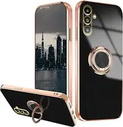 Compatible with Samsung Galaxy A15 5G Case with Ring Holder, Silicone Samsung A15 Phone Case Cute Plating Magnetic Car Accessories Cover Shockproof Shell (Black)