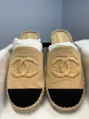 Chanel 21S Beige & Black Denim Espadrilles Mules Slides Shoes Flats BNIB Size 35
