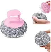 10er Pack Stainless Steel Wool Scrubber with Handle, Pot Scrubbers Dish Scrubber Cleaning Brush Wash for Dish, Stainless Steel Scrubbing Brushes Cleaning Supplies for Pots, Pans, Grills, Sink (Pink)