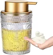MKLZ 8 Oz Glass Foam Soap Dispenser, Clear Hand Liquid Bottles with Gold Plastic Pump, Refillable Round Foaming Lotion Dispensing for Kitchen Sink & Bathroom Counter