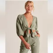 Abercrombie & Fitch NEW Sage Green Tie Front Puff Sleeve Crop Top sz Small