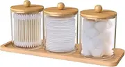 3Pcs Acrylic Qtip Holder Dispenser with Bamboo Lids ClearBathroom Jars with Tray Cotton Swab Storage Dispenser Reusable Bathroom Canisters Swab Ball Holder Dispenser for Makeup Cotton Swab Floss Pick
