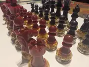 Chess Piece set - Violet Blue Luster and Fireball Red Pieces w Gold Leaf Base