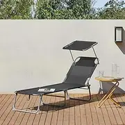 Outdoor Folding Sun Lounge Bed - Foldable Camping Bed Sun Lounger for Beach Patio with Rotatable Canopy Adjustable Back Positions