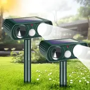2 Pack Ultrasonic Animal Repellent Outdoor,Deer Repellent Devices Cat Repeller Waterproof with Strobe Light,Keep Squirrel Rabbit Raccoon Skunk Out of Garden Farm Yard Animal Deterrent Device,Green