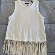 Ralph Lauren Fringe Tank Top White Linen/viscose Women Size Medium New With Tags