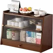 Solid Wood 2 Tier Storage Cabinet with Sliding Glass Doors and Drawer Dining Cupboard for Spice Seasoning Bottles and Dish Bowl 60cm Height