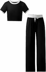 [Hilinker] Girl's 2 Piece Outfit Short Sleeve Crop Tops Drawstring Wide Leg Pants Sets