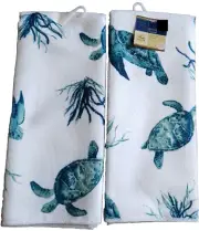 Set of 2 Same Kitchen Microfiber Towels (15"x25") SEALIFE,TURTLES & SEAGRASS, GR