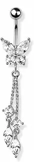 [Pierced Owl] 14GA 316L Stainless Steel CZ Crystal Butterfly with Double Dangling Marquise Chains Belly Button Ring