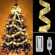 TheaPro 10M/32.8FT 100 LEDs Christmas Tree Decorations String Lights USB Powered with Remote Copper Wire Ribbon Bows Lights for Party Weddings Holiday Christmas Tree Decorations (Gold)