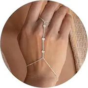 [Harry and Henry] Hand Chain Bracelet Ring Bracelet Hand Chain Dainty 14k Gold Finger Ring Slave Bracelet Zircon Hand Jewelry for Women Trendy Summer Essentials Stuff Fashion Boho Beach Jewelry Gifts
