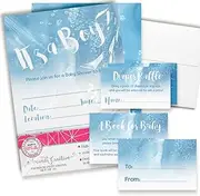 Baby Shower Invites for Boys – Blue Watercolor Baby Shower Invitation Bundle with Diaper Raffle Tickets, Book Request Cards & Envelopes. Set of 20 5X7 Watercolor Boy Invitation Kit Sets