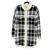 Cynthia Rowley Active Plaid Gold Zip Shacket Jacket Sweater Coat Long Cardigan