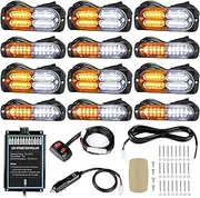 LINKITOM 12pcs Ultra Slim Sync Feature Surface Mount LED Emergency Beacon Hazard Warning Flashing Strobe Lights with Waterproof Controller and Long Heavy Cable for Car Truck Vehicle, Amber/White