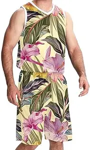 [KQNZT] Basketball Jersey and Shorts, Personalized Jersey, Hip hop Clothing for Party, Tropical Palm Leaf Flower Floral