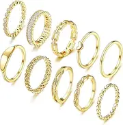[Sanfenly] 10 PCS Dainty Gold Rings for Women Non Tarnish, 14K Gold Stackable Ring Set, Wedding Promise Eternity Bands Rings, Trendy Thin Simple Thumb Knuckle Stacking Ring Pack Size 5/6/7/8/9/10