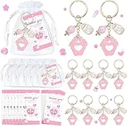 Baby Shower Favors for Kids Footprint Keychains Gifts with Bottle Lollipop White Organza Bags and Thank You Tags for Baby Shower Party Supplies (PINK)