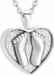 BIAIHQIE Foot Print Engraved Heart Pendant Memorial Jewelry for Ashes Keepsake Cremation Urn Necklace