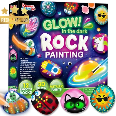 Glow in the Dark Rock Painting Kit, 43-Piece Arts & Crafts Set 6-12Y, 18 Paints