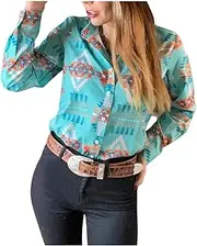 [ChiyeeKiss] Womens Aztec Pearl Snap Shirts Rodeo Western Show Tops Lapel Button Up Blouse Long Sleeve Cowgirl Tunic