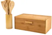 5-Pcs Bamboo Bread Bin & Utensil Set Storage Container Loaf Keeper Holder w/ Lid