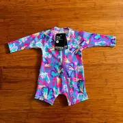 Bonds Baby Floral Purple Pink Blue Green Long Sleeve Zip Swim Suit Size 00 BNWT
