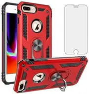 Phone Case for iPhone 6plus 6splus 7plus 8plus i 6/6s/7/8 Plus with Tempered Glass Screen Protector Stand Ring Holder Shockproof Heavy Duty Accessories 7s 8s 6s+ iPhone6 6+ 7+ iPhone8 8+ Red