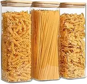 ComSaf Glass Spaghetti Pasta Storage Containers with Lids 73oz/ 2150ml Set of 3, Tall Clear Airtight Food Storage Jar with Bamboo Lid for Noodles Flour Cereal Beans, Sqaure Spaghetti Pantry Container