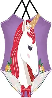 [RPLIFE] Stylish Unicorn Red Mane Purple Bathing Suits for Girls One Piece, Summer Beach Swimsuit, 3-10
