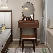 Stylish and Modern Solid Wood Vanity Desk with Chair High Definition Mirror Large Storage Drawers Makeup Table Dresser for Small Space or Bedroom White + Natural Finish 23.6in(Brown,23.6in)