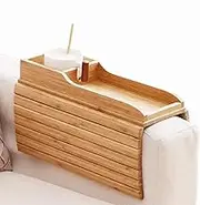 Wooden Couch Cup Holder - Foldable Couch Arm Table Sofa Arm Rest Tray - Adjustable, Anti-Slip Sofa Arm Organizer for Cellphone, Drinks, TV Remote, Snacks