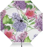 [RPLIFE] Windproof Travel Umbrella, Auto Open Close, Uv Umbrella Compact, Backpack Purse Portable, Ideal for Women, Lilies Lilac Flowers