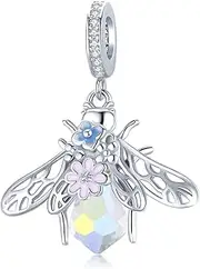 [luvhaha] Colourful Bee Charms with Flower Sterling Silver Charms Fit Pandora Bracelet Pendant Necklaces Jewellery Gifts for Women, Sterling Silver, Zircon