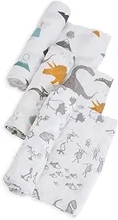 Little Unicorn Cotton Muslin Swaddle Blankets (set Of 3) - Dino Friends, Blue, Green, Navy