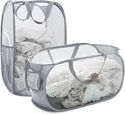 BOSNONA Mesh Pop Up Laundry Hamper 2 Pack Laundry Baskets with Side Pocket Portable Collapsible Laundry Basket for Bedroom Bathroom Dorm Room (Horizontal + Vertical - Grey)