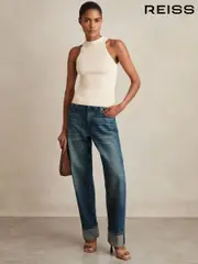 Reiss Mid Blue Belinda Straight-Leg Turn-Up Jeans (H14434) | $280