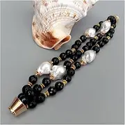 LAnGSHAW 3 Strands Black Onyx Faceted Beads Cultured White Reborn Keshi Pearl Statement Bracelet 8.5"