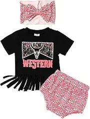 [FRLOONY] Baby Girls Clothes infant Summer Outfits Cow Head Letter Print Short Sleeve T-Shirt Floral Shorts Headband Set 3PCS