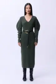 Alpaca Wool Blend Full Sleeve All Over Ribbed V Neck Knit Dress