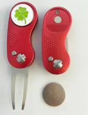 GOLF SWITCHBLADE Lucky SHAMROCK Red DIVOT REPAIR TOOL + Ballmark Green