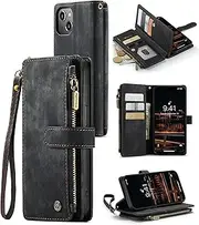 ELEPIK for iPhone 14 Plus Wallet Case with Card Holder, Kickstand, Wristlet for Women Men, Durable PU Leather Magnetic Wallet Phone Case for iPhone 14 Plus, Elegant Black