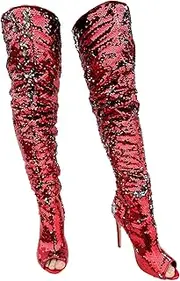 [Frankie Hsu] Sexy Unisex Stiletto Over Knee Thigh High Long Boots, Red Silver Sequins Glitter Spark Cute Fashion Club Style, Big Large Size Punk Heeled Shoes For Women Men